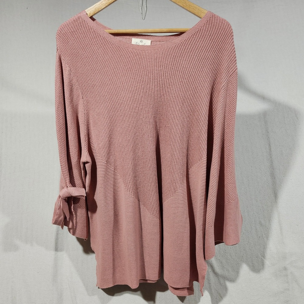 Tres Jolie Womens 1X‎ Pink Ribbed Knit Tie Sleeve Tunic Top Blouse